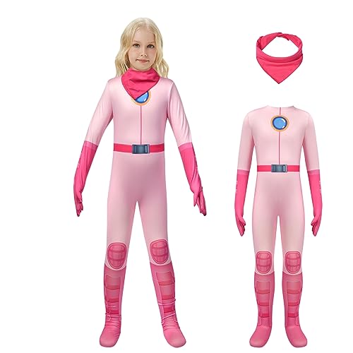 AOOWU Prinzessin Peach Kostüm, Peach Jumpsuit mit Schal für Kinder Mädchen, Prinzessin Kostüm Cosplay für Halloween Weihnachten Karneval Geburtstagsfeier Verkleidung (100CM) von AOOWU