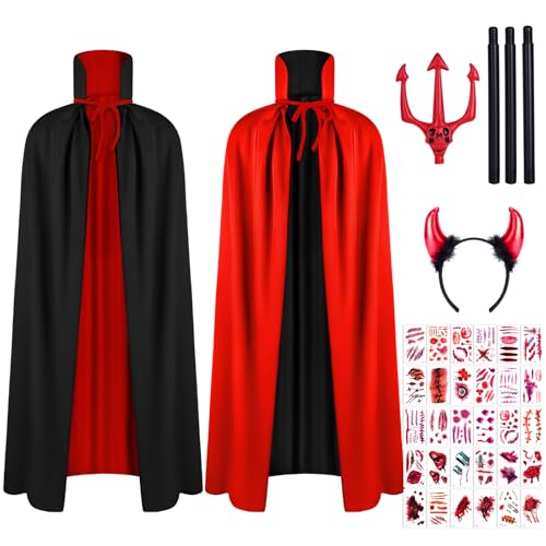 AOOWU Schwarz Rot Umhang, Kapuzenumhang Schwarz Rot Doppelseitig mit Teufelgabel, Teufelshörner, Narbentattoo, Vampir Kostüm Cape Erwachsene für Halloween Karneval Weihnachten, 150cm AOOWU Schwarz Rot Umhang, Kapuzenumhang Schwarz Rot Doppelseitig mit Teufelgabel, Teufelshörner, Narbentattoo, Vampir Kostüm Cape Erwachsene für Halloween Karneval Weihnachten, 150cm von AOOWU