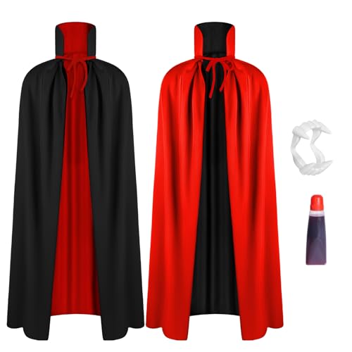 AOOWU Schwarz Rot Umhang, Kapuzenumhang Schwarz Rot Doppelseitig mit Vampirzähne, Kunstblut, Vampir Kostüm Cape Erwachsene für Halloween Karneval Weihnachten, 150cm AOOWU Schwarz Rot Umhang, Kapuzenumhang Schwarz Rot Doppelseitig mit Vampirzähne, Kunstblut, Vampir Kostüm Cape Erwachsene für Halloween Karneval Weihnachten, 150cm von AOOWU