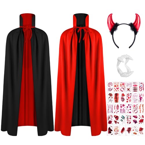 AOOWU Schwarz Rot Umhang, Kapuzenumhang Schwarz Rot Doppelseitig mit Vampirzähne, Teufelshörner, Narbentattoo, Vampir Kostüm Cape Erwachsene für Halloween Karneval Weihnachten, 150cm AOOWU Schwarz Rot Umhang, Kapuzenumhang Schwarz Rot Doppelseitig mit Vampirzähne, Teufelshörner, Narbentattoo, Vampir Kostüm Cape Erwachsene für Halloween Karneval Weihnachten, 150cm von AOOWU