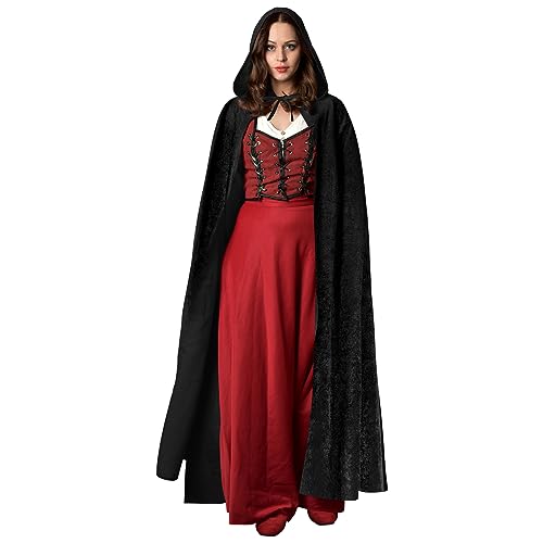 AOOWU Schwarzer Umhang, Mittelalter Umhang Kapuzenumhang, Herren Damen Halloween Umhang mit Kapuze, Umhang kostüm Cape Satin Erwachsene, Umhang Kostüm Mantel für Halloween Weihnachten Karneval Kostüm von AOOWU