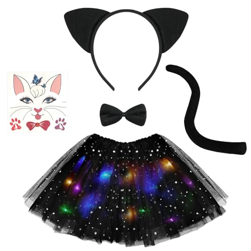 AOOWU Tierkostüm Kinder, 5-teiliges Set Mädchen Tutu Rock mit Katzenstirnband/Tattoo/Schwanz/Fliege/leuchtendes Ballett-Tutu, Tier Verkleiden Set Karneval Party Halloween Kostüme von AOOWU