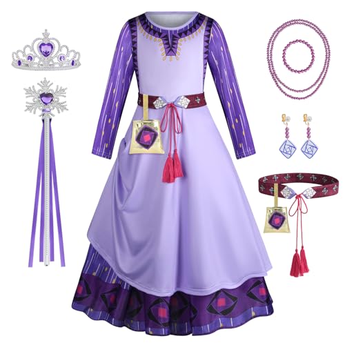 AOOWU Wish Asha Kostüm, Lila Asha Kleid für Kinder Mädchen, Prinzessin Kleid Mädchen mit Krone Ohrringen Halskette Tasche Gürtel, Asha Cosplay Kleider Karneval Halloween Weihnachten Geburtstag(120) von AOOWU