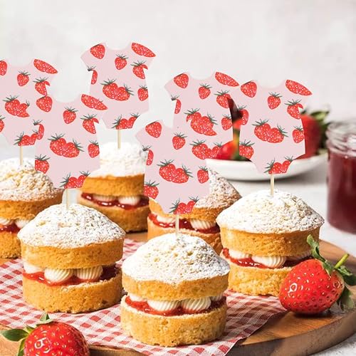 Cupcake-Topper mit Erdbeer-Motiv, für Babyparty, Beeren-Bodysuit, Dekoration, Geschlechtsoffenbarung, Erdbeere (Erdbeere) von AOQURE