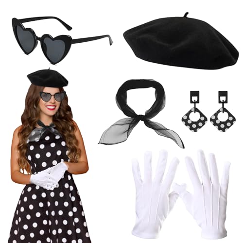 5-teiliges französisches Frauen-Kostüm, 1950er-Jahre Accessoires für Frauen mit schwarzer Baskenmütze, Sonnenbrille, Schal, Handschuhen, Ohrringen, französischer Künstler, Mime-Set für 5-teiliges französisches Frauen-Kostüm, 1950er-Jahre Accessoires für Frauen mit schwarzer Baskenmütze, Sonnenbrille, Schal, Handschuhen, Ohrringen, französischer Künstler, Mime-Set für von AOT