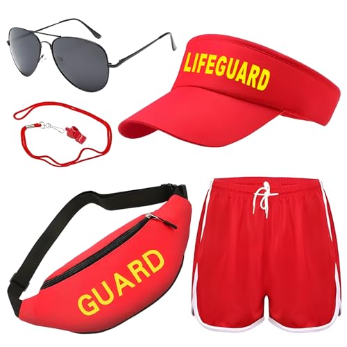 Guard-Kostüm-Zubehör-Set, 5-teiliges Rettungsschwimmer-Zubehör-Set, einschließlich roter Shorts, Pfeife, Hut, Sonnenbrille, verstellbarer Hüfttasche, Pool-Party, Rettungsschwimmer für Erwachsene, Guard-Kostüm-Zubehör-Set, 5-teiliges Rettungsschwimmer-Zubehör-Set, einschließlich roter Shorts, Pfeife, Hut, Sonnenbrille, verstellbarer Hüfttasche, Pool-Party, Rettungsschwimmer für Erwachsene, von AOT