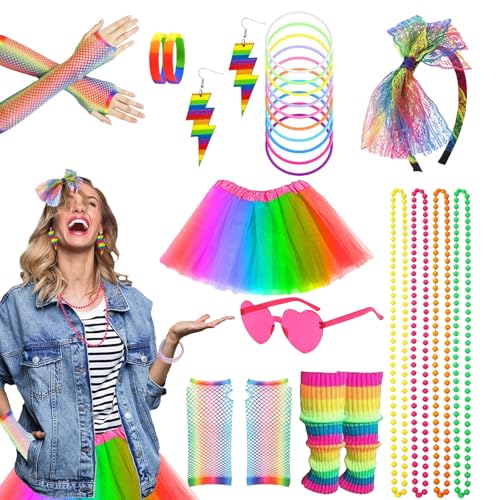 Party-Kostüm-Zubehör-Set, 80er-Jahre-Kostüm für Damen, mit Tutu-Rock, Beinstulpen, Neonarmbändern, Sonnenbrillen, Ohrringen, Fischnetzhandschuhen, Neon-Kleidung für 80er-Jahre-Party-Dekoration Party-Kostüm-Zubehör-Set, 80er-Jahre-Kostüm für Damen, mit Tutu-Rock, Beinstulpen, Neonarmbändern, Sonnenbrillen, Ohrringen, Fischnetzhandschuhen, Neon-Kleidung für 80er-Jahre-Party-Dekoration von AOT
