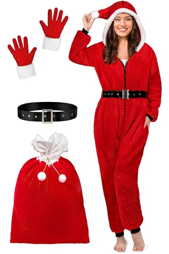 AOTHSO 4 Stücke Weihnachten Erwachsene Onesie Kostüm mit Gürtel Handschuhe Tasche Plüsch Rot Weihnachten Weihnachtsmann Frauen Onesie Cosplay Anzug, Rot/Ausflug, einfarbig (Getaway Solids), L von AOTHSO
