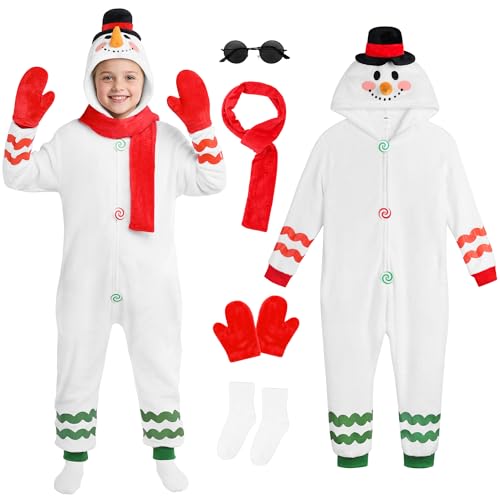 AOTHSO 5 Packungen Schneemann Onesie Weihnachtskostüm Plüsch Festlich Einteiler Cosplay Set mit Handschuhen Schal, Weiss/opulenter Garten, 5-6 Years von AOTHSO