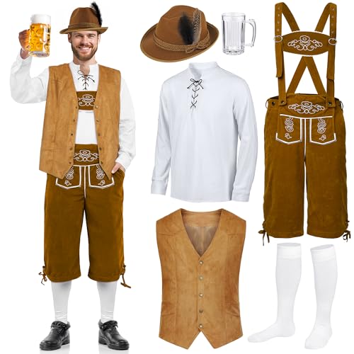 AOTHSO 6er Pack Herren Oktoberfest Kostüm Set Lederhosen Bundhosen mit Hosenträgern Hemd Bayerische Weste Socken Krug Alpenhut von AOTHSO