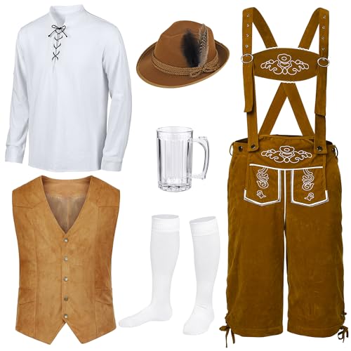 AOTHSO 6er-Pack Herren Oktoberfest Kostüm Set Lederhosen Bundhosen mit Hosenträgern Hemd Bayerische Weste Socken Krug Alpenhut AOTHSO 6er-Pack Herren Oktoberfest Kostüm Set Lederhosen Bundhosen mit Hosenträgern Hemd Bayerische Weste Socken Krug Alpenhut von AOTHSO