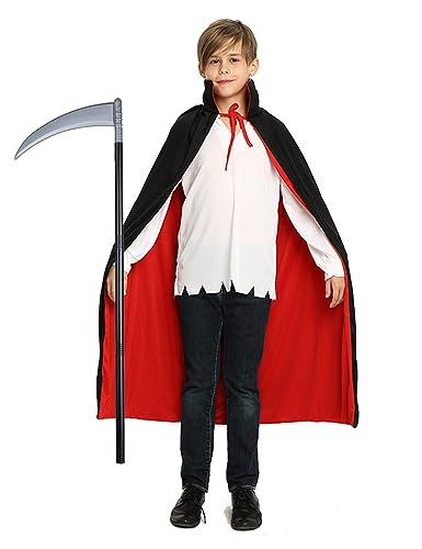 AOTOPYU Vampir Umhang, Sense 100 cm, Stab mit Sichel, Waffe, Grim Reaper, Zubehör, Mottoparty, Karneval, Umhang mit Stehkragen Schwarz Rot Doppelseitig Mit Erwachsener Für Halloween Kostüm (120cm) von AOTOPYU