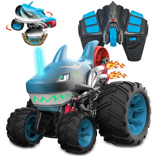 AOUGO Megalodon Monster Truck - All-Terrain Ferngesteuerter Truck, mit Licht, 360° Drehung, aufrechtes Gehen und Driften, Geburtstagsgeschenk für Jungen Mädchen Alter 3 4 5 6 7 8 9 10 (Blue) von AOUGO