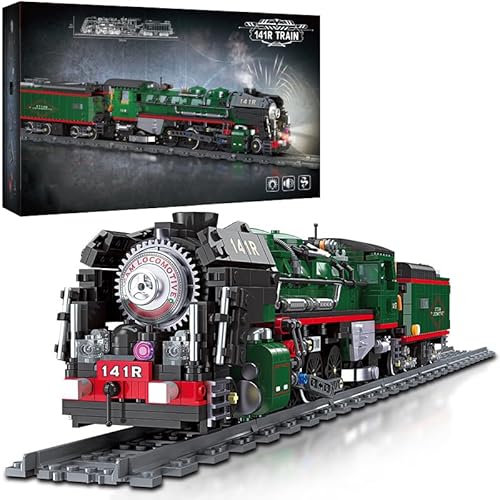 City Zug 141R Klemmbausteine Set, Grün Retro Dampflok Baukasten, RC Lokomotive Modellbausatz mit Schienen, Train Bauspielzeug Geschenk für Erwachsene 14+, (1782 Teile) von AOUHMN