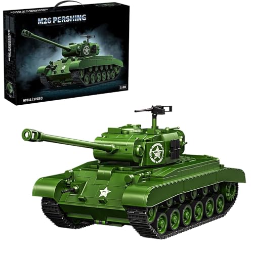 AOUHMN Militär Pershing M26 Panzer Spielzeug Bausteine Kit, 1:28 WW2 US-Armee Tank Modell Baukasten für Erwachsene Männer, Modular Panzer MOC Klemmbausteine Set, Geschenke, (1703 Teile),Grün von AOUHMN