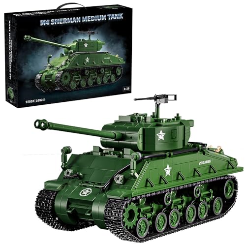 AOUHMN Militär Sherman M4 Panzer Spielzeug Bausteine Kit, 1:28 WW2 Armee Tank Modell Baukasten für Erwachsene Männer, Modular Panzer MOC Klemmbausteine Set, Kreative Geschenke, (1682 Teile),Grün von AOUHMN