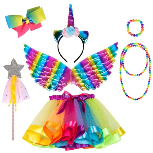 7Pcs Regenbogen Einhorn Kostüm Kinder, Prinzessinnenkleid für Kinder, Zauberstab, Schleife Haarspange, Einhorn Cosplay Set, Das Einhorn Partykleid ist für Mädchen im Alter von 3–8 Jahren Geeignet von AOUVT