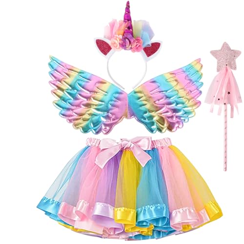 AOUVT 4 Pcs Regenbogen Einhorn Kostüm Kinder, Prinzessinnenkleid für Kinder, Einhorn-Cosplay-Set, Das Einhorn-Partykleid ist für Mädchen im Alter von 3–8 Jahren Geeignet - Rose von AOUVT