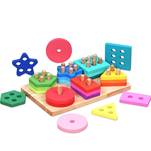 AOUVT Montessori Spielzeug ab 1 2 3 Jahre, Holz Sortier und Stapelspielzeug, Spielzeugbausteine ​​zur Farb- und Formerkennung, Lernspielzeuggeschenke für Kinder ab 12 Monaten von AOUVT