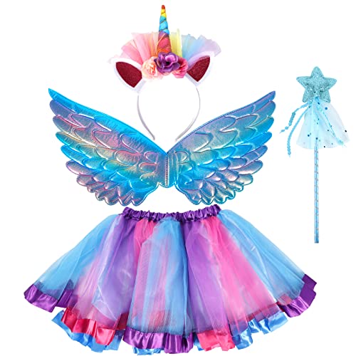 AOUVT 4 Pcs Regenbogen Einhorn Kostüm Kinder, Prinzessinnenkleid für Kinder, Einhorn Cosplay Set, Das Einhorn Party Kleid ist für Mädchen im Alter von 3 4 5 6 7 8 Jahren Geeignet (Lila) von AOUVT