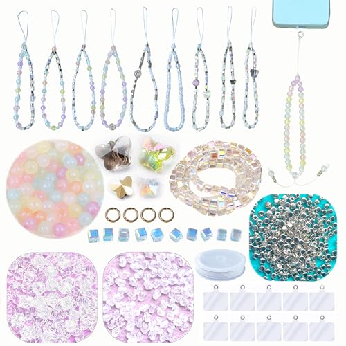 AOUXSEEM Perlen-Handyketten-Bastelset, kann 10 Handy-Handgelenkbänder herstellen, verschiedene Kristall-Diamant/Schmetterling/Metall/runde Perlen für Mädchen, selbstgemachte Geschenke von AOUXSEEM
