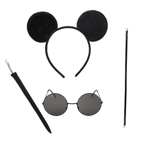 AOVNA 4 Stück Blindmäuse Set Maus Ohren Stirnband Schwarz Brille Schwanz Blind Cane Mäuse Kostüm für Karneval Halloween von AOVNA