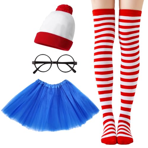 AOVNA 4-teiliges Wally Mädchen-Kostüm-Set, rote und weiße Beanie-Mütze, Socken, schwarze Brille, blauer Tutu-Rock für Buchwoche, Kleid, Party AOVNA 4-teiliges Wally Mädchen-Kostüm-Set, rote und weiße Beanie-Mütze, Socken, schwarze Brille, blauer Tutu-Rock für Buchwoche, Kleid, Party von AOVNA