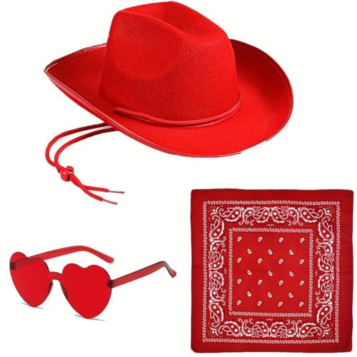 AOYEAH Damen Cowgirl Kostüm Set, Cowboy Hut mit Herz Party Brille Bandana Cowboy Hut für Wild West Kostüm Karneval Cosplay Kostüm von AOYEAH