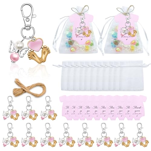 24-teiliges Engels-Fußabdruck-Schlüsselanhänger-Set für Duschpartys, Feiern, mit weißen Organzas-Taschen und Karten 24-teiliges Engels-Fußabdruck-Schlüsselanhänger-Set für Duschpartys, Feiern, mit weißen Organzas-Taschen und Karten von AOYUDJ