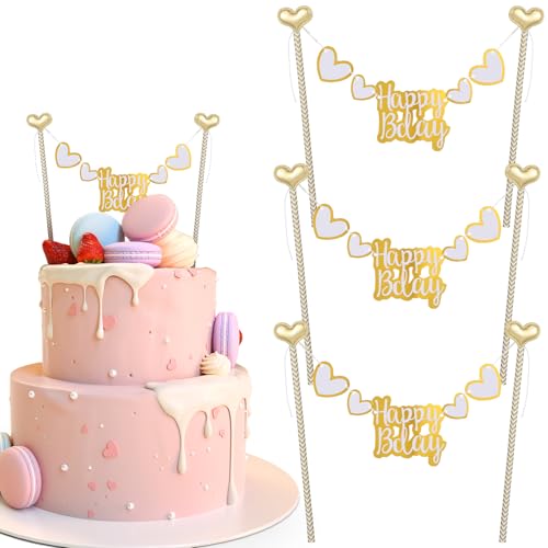 AOZUO 3 Stück Alles Gute Zum Geburtstag Kuchen Topper Bunting Set, Happy Birthday Kuchendekoration, Goldenes Herz Wimpelkette Banner Kuchenaufsatz für Jungen Mädchen Geburtstagsparty Backdekoration von AOZUO