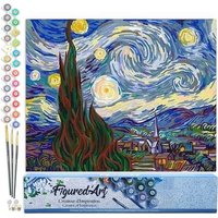 FiguredArt PN590 - Malen nach Zahlen, Sternennacht Van Gogh, 40x50cm, ohne Keilrahmen, Sternennacht Van Gogh, Leinwand 40x50cm ohne Rahmen, Malset, Pa von AP COMMERCE