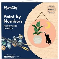 FiguredArt RFA009 - Malen nach Zahlen, Kätzchen und Pflanze im Mondschein, Holzscheibe (30cm), Malset, Paint by Numbers von AP COMMERCE