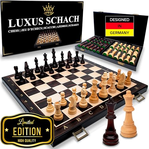APEQi® Luxus Schach - großes Schachspiel Holz HOCHWERTIG - [54x54cm], Massivholz, 2 EXTRA-Damen, Geschenkidee - edles Schachbrett Holz groß mit 34 gewichteten Schachfiguren - klappbares Chess Board von APEQi