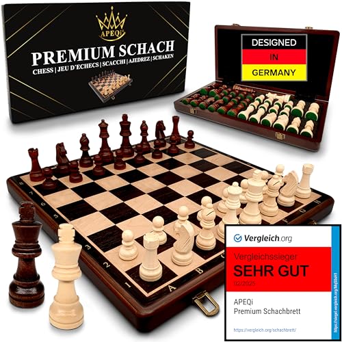 APEQi® Premium Schach - Schachspiel Holz HOCHWERTIG - [38x38cm], Massivholz, 2 EXTRA-Damen, Geschenkidee - Schachbrett Holz hochwertig - klappbares Chess Board mit 34 Schachfiguren, Reiseschach von APEQi