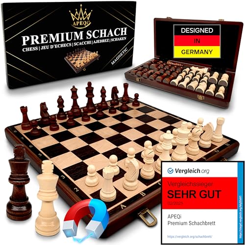APEQi® Premium Schach MAGNETISCH - Schachspiel Holz HOCHWERTIG - Massivholz, 38x38cm, 2 EXTRA-Damen, Geschenkidee - edles Schachbrett Holz hochwertig - klappbares Chess Board mit 34 Schachfiguren von APEQi