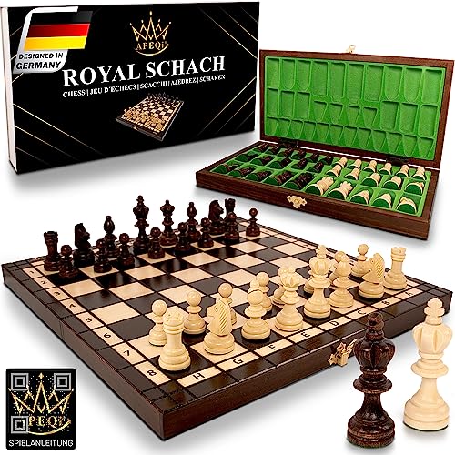 APEQi® ROYAL Schach - Schachspiel Holz HOCHWERTIG - Massivholz, 34,5x34,5cm, aus EU, Geschenkidee - edles Schachbrett Holz hochwertig - klappbare Schachkassette mit Schachfiguren Chess Set von APEQi