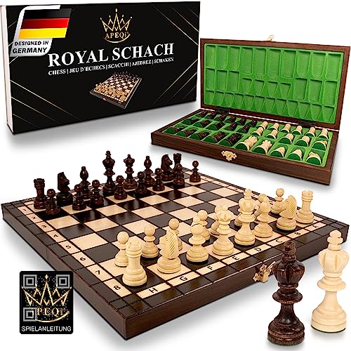 APEQi® ROYAL Schach - Schachspiel Holz HOCHWERTIG - Massivholz, 34,5x34,5cm, aus EU, Geschenkidee - edles Schachbrett Holz hochwertig - klappbare Schachkassette mit Schachfiguren Chess Set von APEQi