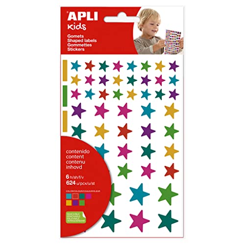 APLI Kids 19453 Aufkleber Sterne, mehrfarbig, 6 Blatt Gummibänder in Form von Sternen, in verschiedenen Farben und Größen, Aufkleber mit abnehmbarem Kleber von APLI Kids