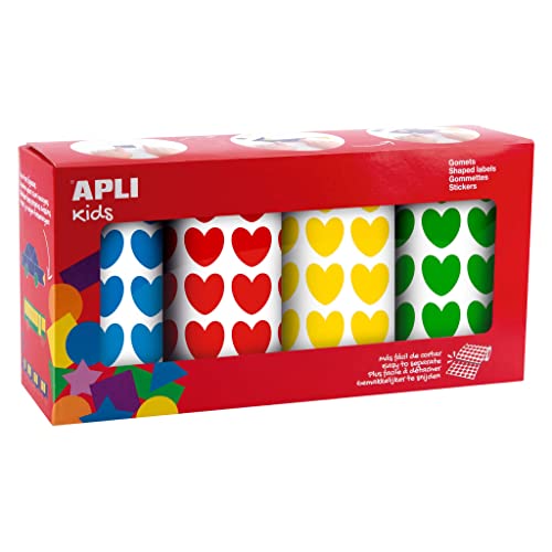 APLI Kids 19502 4er Pack Gummibänder in Herzform, blau, grün, gelb und rot, Aufkleber mit Permanentkleber, ideal für Schulen/Kindergärten oder Kinderwerkstätten, Herzen von APLI Kids