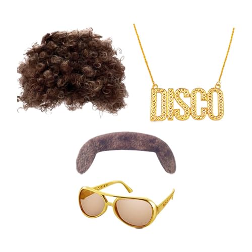 APLVFFZH Disco Perücken Set Presley Cosplay Perücke 70er Jahre Disco Halskette Rocker Perücken Kits von APLVFFZH