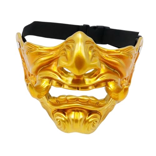 APLVFFZH Kopf Grimasse Maske, Samurai Halbgesichtsmaske, 3D Realistische, Kreative Japanische Grimasse Maske, Gruselige Kopfmaske für Shows, Verkleidungen, Gold von APLVFFZH