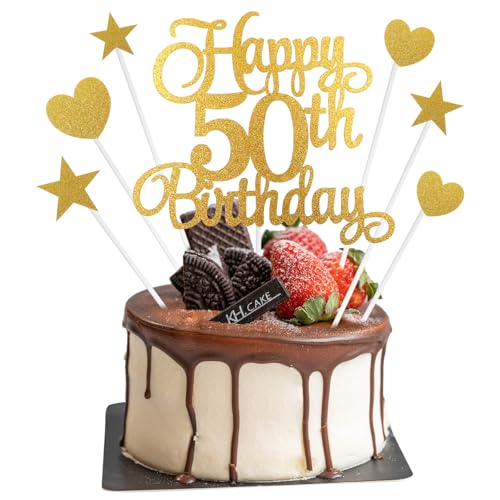 Happy 50th Birthday Cake Topper, 50. Tortendekorationen Gold, 7 Stück Happy Birthday Tortendeko Geburtstag Kuchen Deko Cake Topper Kuchendeko Torte Dekoration für Geburtstagsdeko, Partyzubehör (50th) von APLZGMG