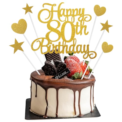 Kuchendekorationen zum 80. Geburtstag, personalisierbar, "Happy 80th Birthday", Tortenaufsatz mit Herz-Stern, Cupcake-Picks, goldener Glitzer, Happy 80 Years Old Birthdays, Schild für Geburtstage von APLZGMG