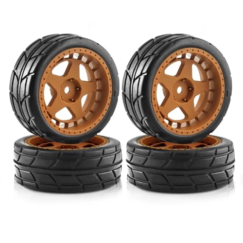 RC Reifen Felgen Kompatibel Mit Tamiya TT01 TT01E TT02 XV01 XV02 TA06 PTG-2 144001 144010 124007 124017 1/10 RC Auto, 4 Stück, 65 Mm Gummireifenrad(Yellow) von APMXQWIL