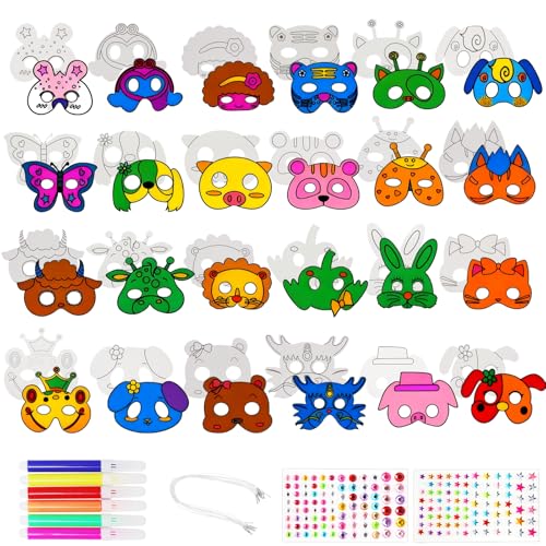 APOMOONS 24 Stück Masken zum Ausmalen für Kinder, Tiermasken zum Bemalen, Papiermasken zum Bemalen Mit Strassstein Aufkleber DIY Masken für Kindergeburtstag, Halloween, Weihnachten, Bühnenaufführungen von APOMOONS