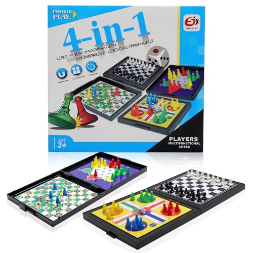 APOMOONS 4in1 Magnetische Reise Spielesammlung,Reisespiele Magnetisch Klassiker Magnet Spielzeug Kinder Tragbares Magnetspiel Mini Schach Schlangenschach Tragbares Flugschach für Familie,Urlaub,Party von APOMOONS