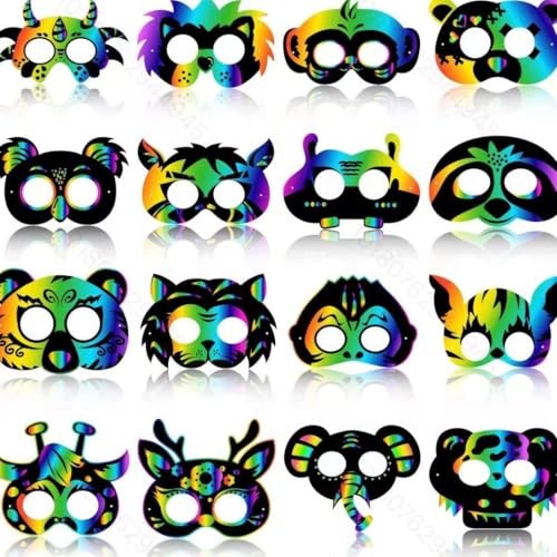 Kratzbilder für Kinder, 16 pcs Party Masken zum Bemalen, Kreative DIY Bastelsets mit Elastischen Kordeln und Holzstiften, Tiermasken Regenbogen Kratzbilder Gesichtsmaske für Kindergeburtstag Spiele Kratzbilder für Kinder, 16 pcs Party Masken zum Bemalen, Kreative DIY Bastelsets mit Elastischen Kordeln und Holzstiften, Tiermasken Regenbogen Kratzbilder Gesichtsmaske für Kindergeburtstag Spiele von APOMOONS