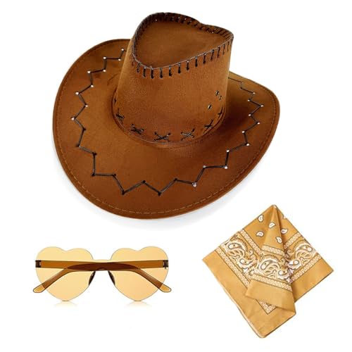 APPCRFM Cowboy Hut 3 Stück, Western Cowboy Hut Set, Western Cowboyhüten für Damen und Herren, Cowboyhut mit Kopftuch und Brille, geeignet für Western Mottopartys, Karneval und Mottopartys von APPCRFM