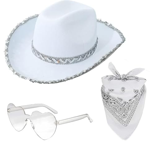 APPCRFM Weiß Cowboy Damen Verstellbar, Cosplay Weiß Western Cowboy, Cowboy Hut 3 Stück, Herzförmiger Brillenhalstuch - Ideal für Geburtstagsfeiern Karnevalsbälle Kostümpartys APPCRFM Weiß Cowboy Damen Verstellbar, Cosplay Weiß Western Cowboy, Cowboy Hut 3 Stück, Herzförmiger Brillenhalstuch - Ideal für Geburtstagsfeiern Karnevalsbälle Kostümpartys von APPCRFM