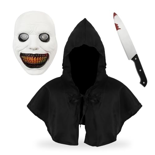 Halloween Exorzist Smile Maske, Kapuzenumhang Erwachsene/Kinder Faschingskostüm, Cosplay Requisiten und Party Kostüm Zubehör, Halloween Maske für Erwachsene, Mysterious Cosplay Cape von APPCRFM